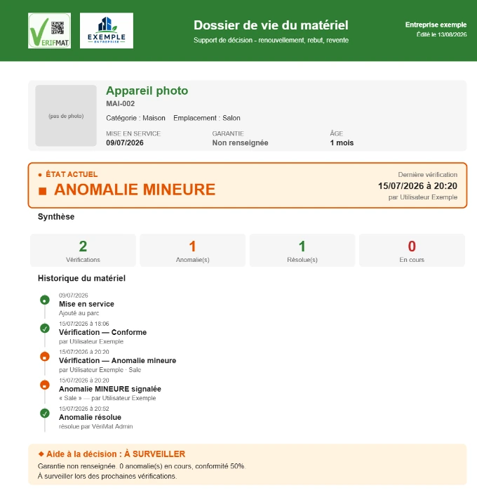 Dossier de vie d'un matériel généré par Suivimat